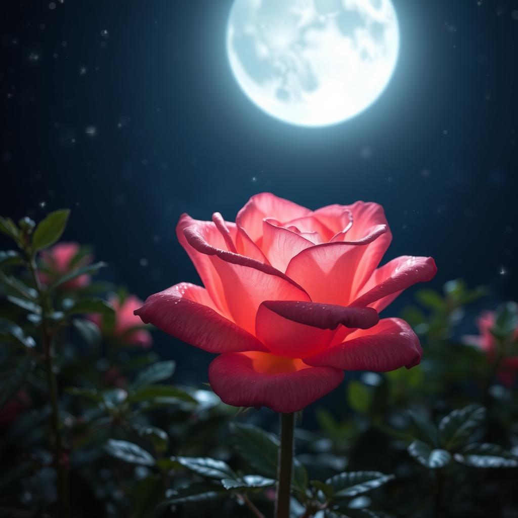 A beautiful glowing pink rose under a starlit night sky, with delicate petals that shimmer with dew