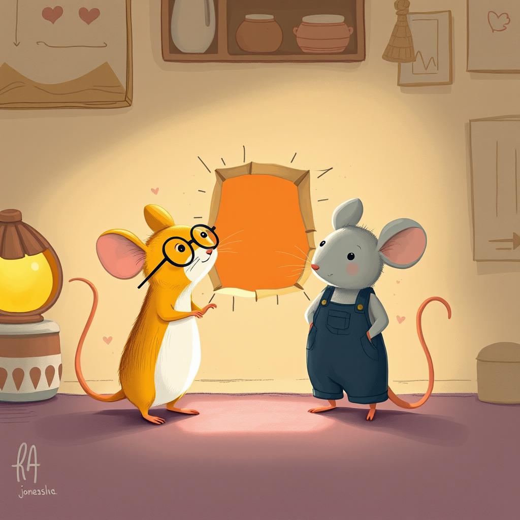 A delightful illustration showing a yellow mouse with glasses and a gray mouse in overalls, both standing curiously in front of a small hole in the wall