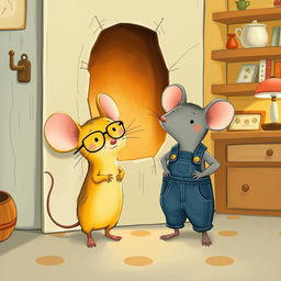 A delightful illustration showing a yellow mouse with glasses and a gray mouse in overalls, both standing curiously in front of a small hole in the wall