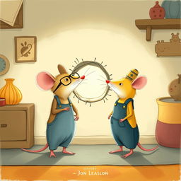 A delightful illustration showing a yellow mouse with glasses and a gray mouse in overalls, both standing curiously in front of a small hole in the wall