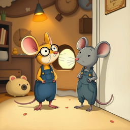 A delightful illustration showing a yellow mouse with glasses and a gray mouse in overalls, both standing curiously in front of a small hole in the wall