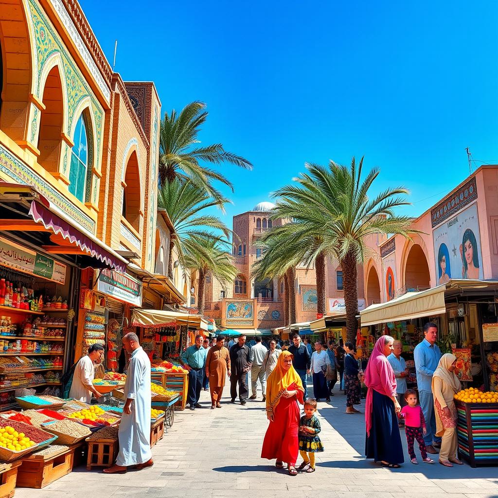 A vibrant and culturally rich scene of a 40-meter street in Chabahar, Iran, showcasing traditional and contemporary aspects of the local lifestyle