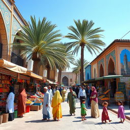 A vibrant and culturally rich scene of a 40-meter street in Chabahar, Iran, showcasing traditional and contemporary aspects of the local lifestyle