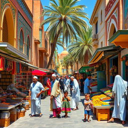 A vibrant and culturally rich scene of a 40-meter street in Chabahar, Iran, showcasing traditional and contemporary aspects of the local lifestyle