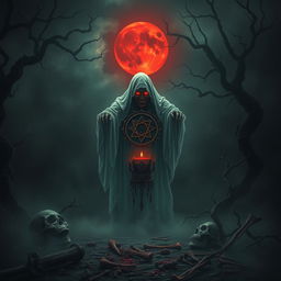 A haunting and terrifying scene featuring an eerie spirit emerging from a swirling fog