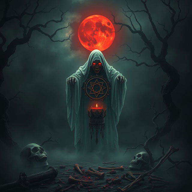 A haunting and terrifying scene featuring an eerie spirit emerging from a swirling fog