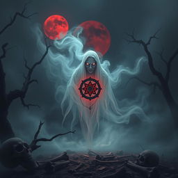 A haunting and terrifying scene featuring an eerie spirit emerging from a swirling fog