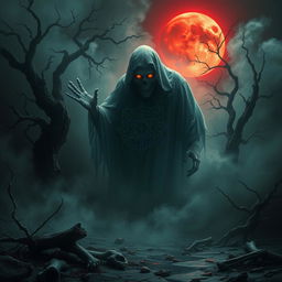 A haunting and terrifying scene featuring an eerie spirit emerging from a swirling fog