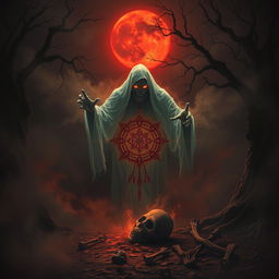 A haunting and terrifying scene featuring an eerie spirit emerging from a swirling fog