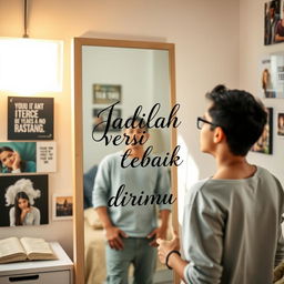 An uplifting scene of a person standing in front of a mirror in a bright, well-decorated room, practicing positive affirmations