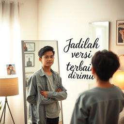 An uplifting scene of a person standing in front of a mirror in a bright, well-decorated room, practicing positive affirmations