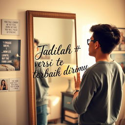 An uplifting scene of a person standing in front of a mirror in a bright, well-decorated room, practicing positive affirmations