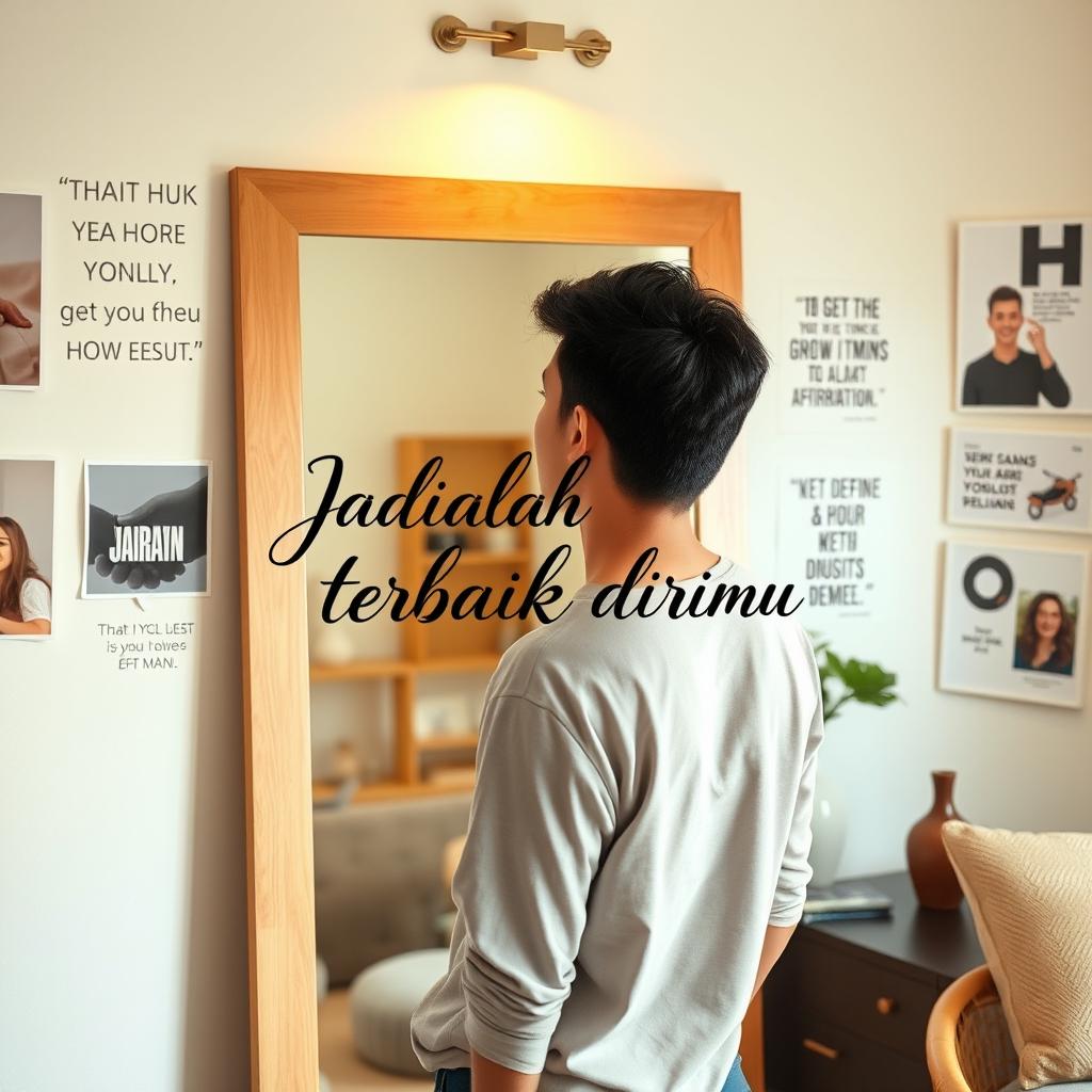 An uplifting scene of a person standing in front of a mirror in a bright, well-decorated room, practicing positive affirmations