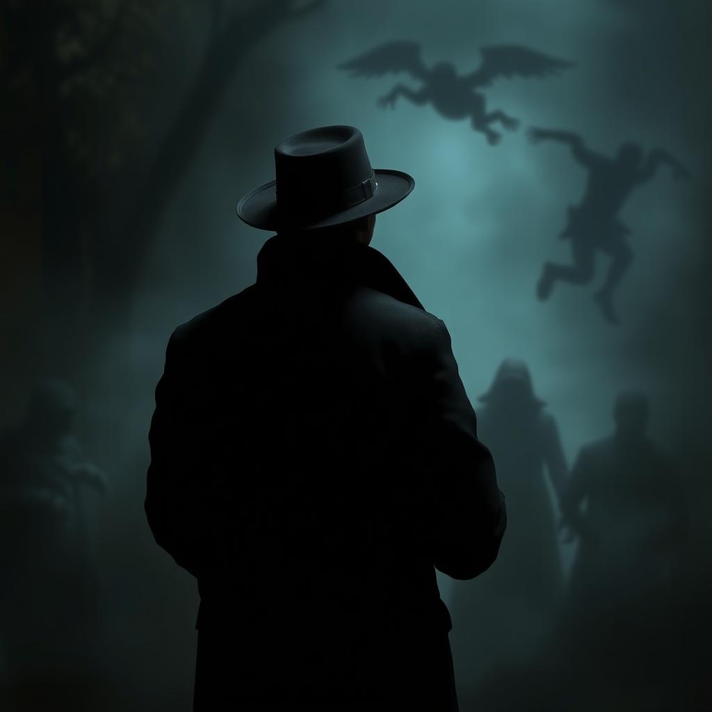 A person wearing a black coat and hat, seen from behind, standing amidst an eerie and haunting atmosphere filled with strange, terrifying spirits and ghosts