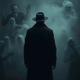 A person wearing a black coat and hat, seen from behind, standing amidst an eerie and haunting atmosphere filled with strange, terrifying spirits and ghosts