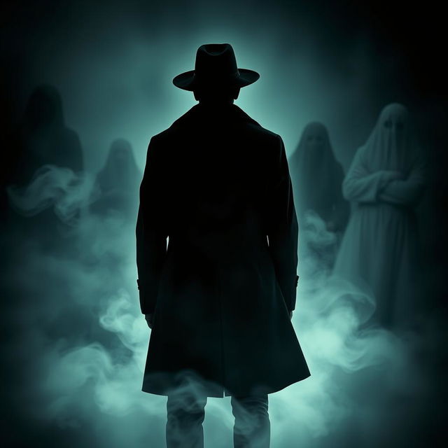 A person wearing a black coat and hat, seen from behind, standing amidst an eerie and haunting atmosphere filled with strange, terrifying spirits and ghosts