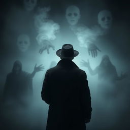 A person wearing a black coat and hat, seen from behind, standing amidst an eerie and haunting atmosphere filled with strange, terrifying spirits and ghosts