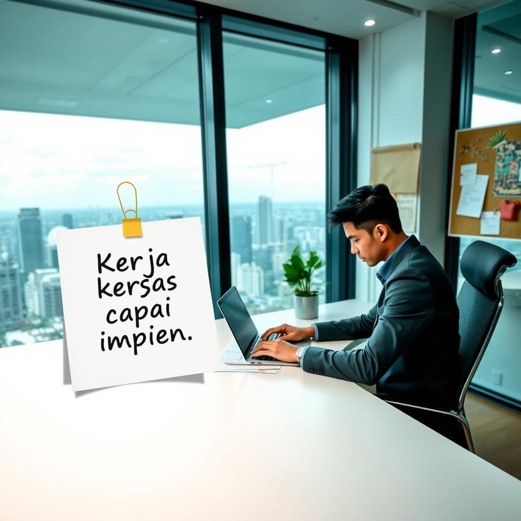 A motivating scene of a focused individual working at a sleek desk in a modern office space, surrounded by inspirational quotes and vision boards