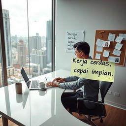 A motivating scene of a focused individual working at a sleek desk in a modern office space, surrounded by inspirational quotes and vision boards