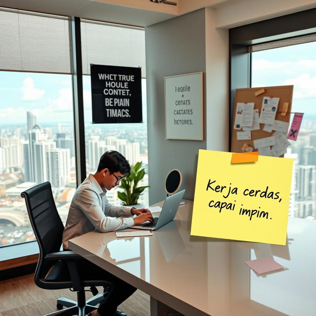 A motivating scene of a focused individual working at a sleek desk in a modern office space, surrounded by inspirational quotes and vision boards