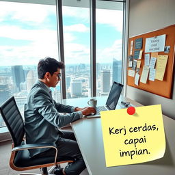A motivating scene of a focused individual working at a sleek desk in a modern office space, surrounded by inspirational quotes and vision boards