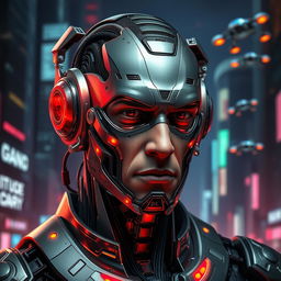 A futuristic cyborg representation of George Floyd, featuring an intricate fusion of human characteristics and advanced cybernetic enhancements