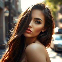A beautiful young woman making a playful pout with her lips, featuring long flowing brunette hair cascading softly over her shoulders