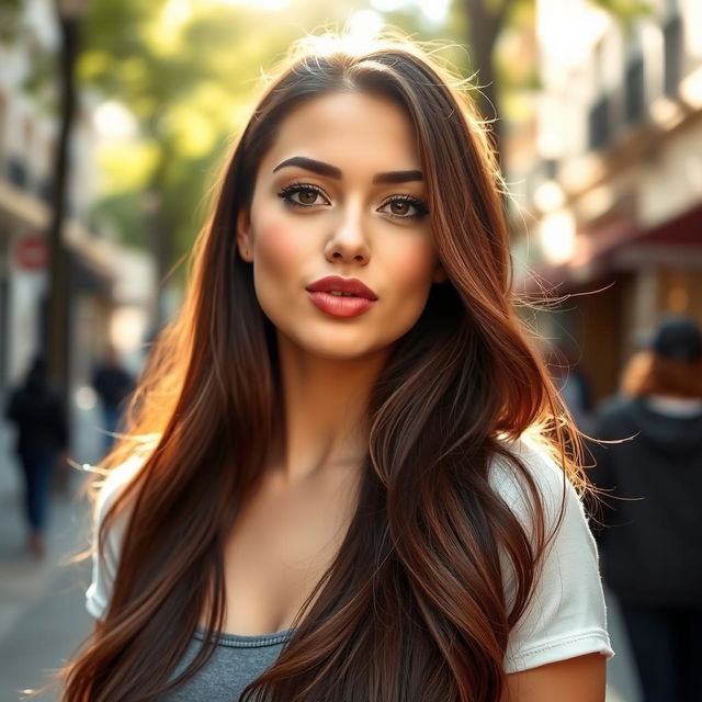 A beautiful young woman making a playful pout with her lips, featuring long flowing brunette hair cascading softly over her shoulders