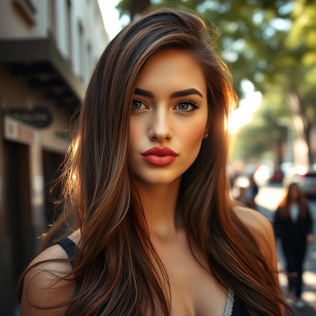 A beautiful young woman making a playful pout with her lips, featuring long flowing brunette hair cascading softly over her shoulders