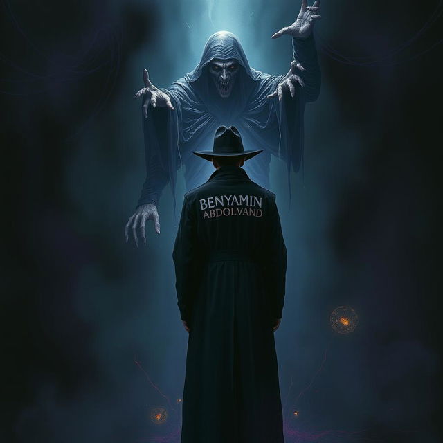 A dark and eerie scene depicting a person wearing a long black coat and a black hat, with the name 'BENYAMIN ABDOLVAND' ominously written on the back of the coat