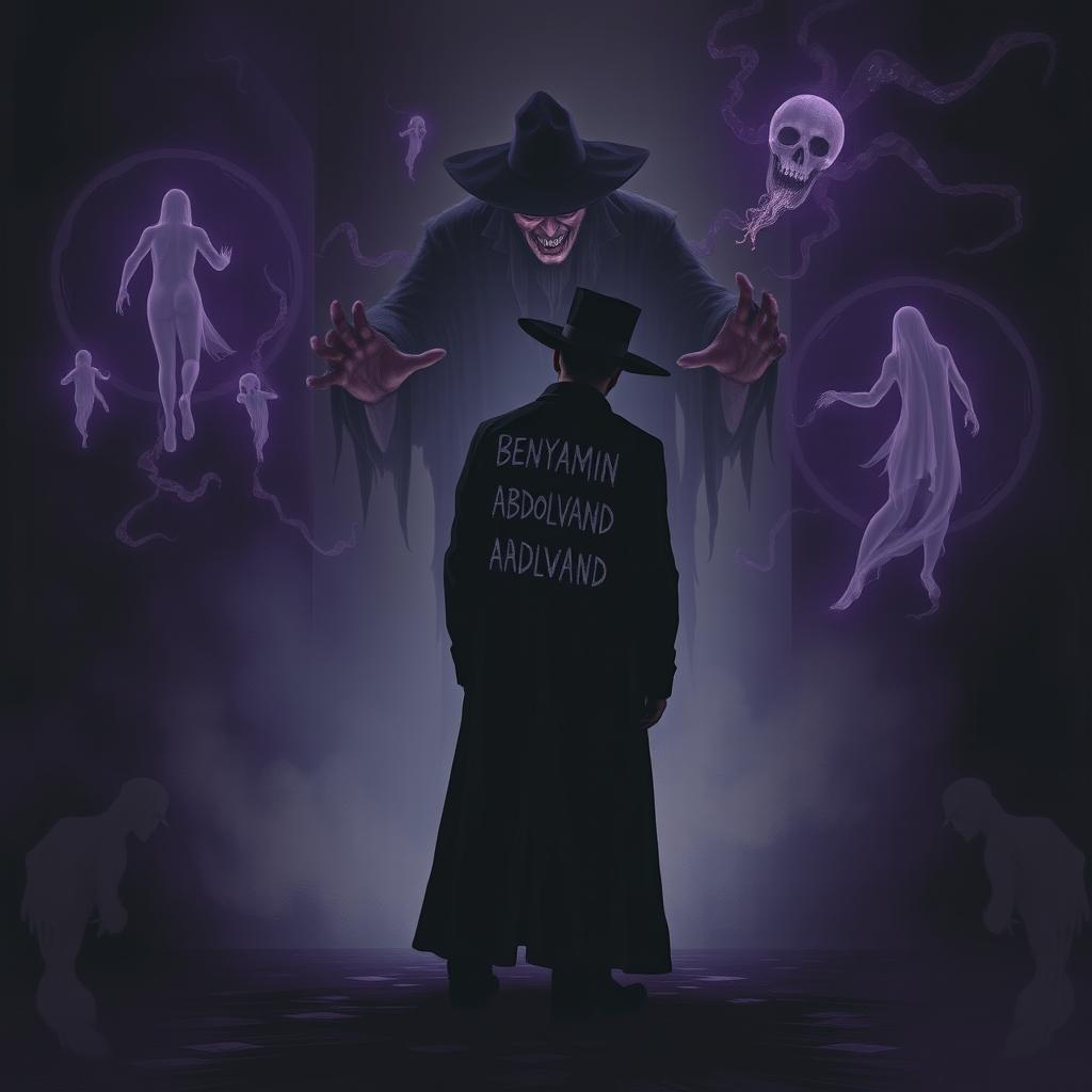 A dark and eerie scene depicting a person wearing a long black coat and a black hat, with the name 'BENYAMIN ABDOLVAND' ominously written on the back of the coat