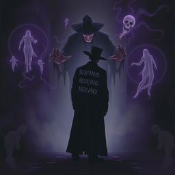 A dark and eerie scene depicting a person wearing a long black coat and a black hat, with the name 'BENYAMIN ABDOLVAND' ominously written on the back of the coat