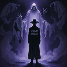 A dark and eerie scene depicting a person wearing a long black coat and a black hat, with the name 'BENYAMIN ABDOLVAND' ominously written on the back of the coat