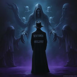 A dark and eerie scene depicting a person wearing a long black coat and a black hat, with the name 'BENYAMIN ABDOLVAND' ominously written on the back of the coat
