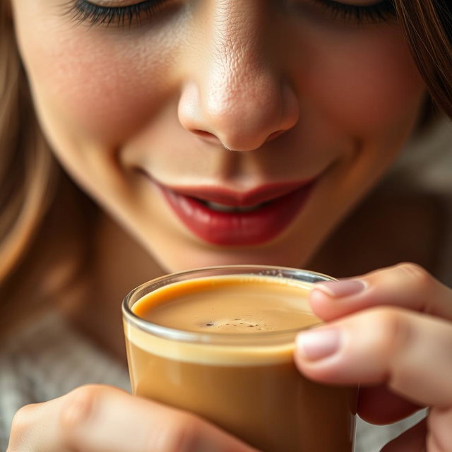A close-up shot of a person enjoying a delicious hazelnut coffee in a capped glass