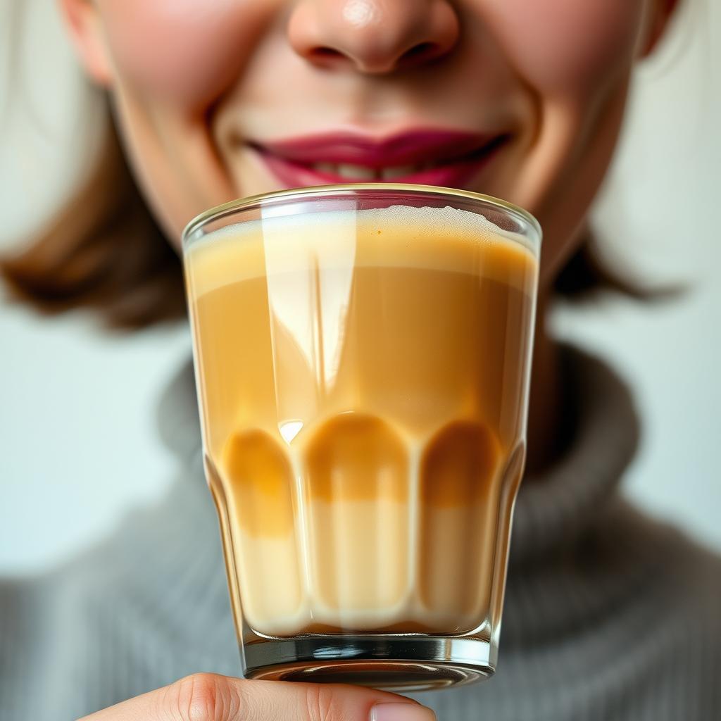 A close-up shot of a person enjoying a delicious hazelnut coffee in a capped glass