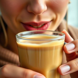 A close-up shot of a person enjoying a delicious hazelnut coffee in a capped glass