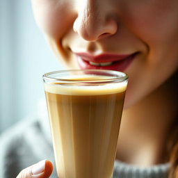 A close-up shot of a person enjoying a delicious hazelnut coffee in a capped glass