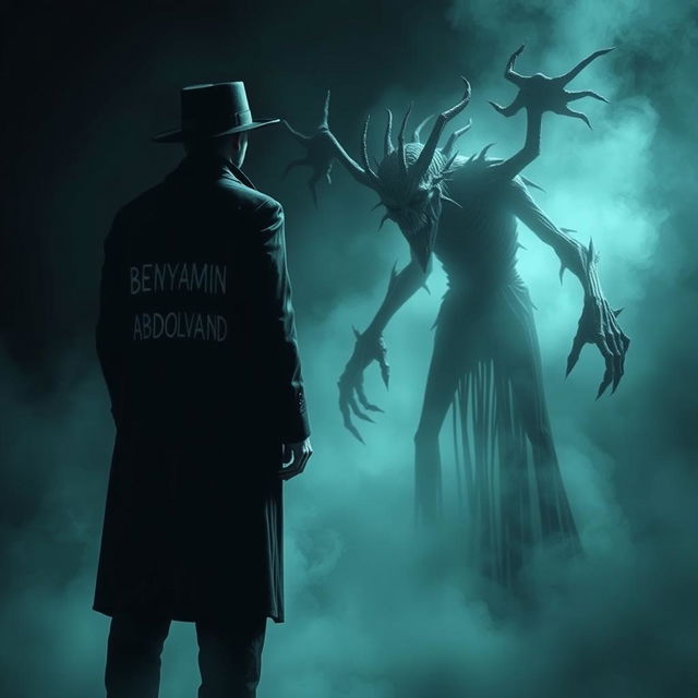 A dark, suspenseful scene featuring a mysterious figure wearing a long black coat and hat, with their back facing the viewer