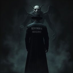 A dark, suspenseful scene featuring a mysterious figure wearing a long black coat and hat, with their back facing the viewer