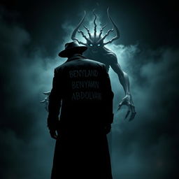 A dark, suspenseful scene featuring a mysterious figure wearing a long black coat and hat, with their back facing the viewer