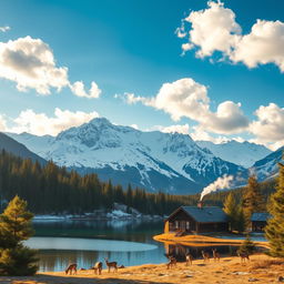 A serene landscape featuring a snowy mountain range under a bright blue sky, with fluffy white clouds scattered throughout