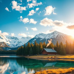 A serene landscape featuring a snowy mountain range under a bright blue sky, with fluffy white clouds scattered throughout