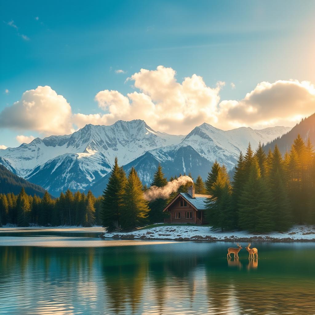 A serene landscape featuring a snowy mountain range under a bright blue sky, with fluffy white clouds scattered throughout