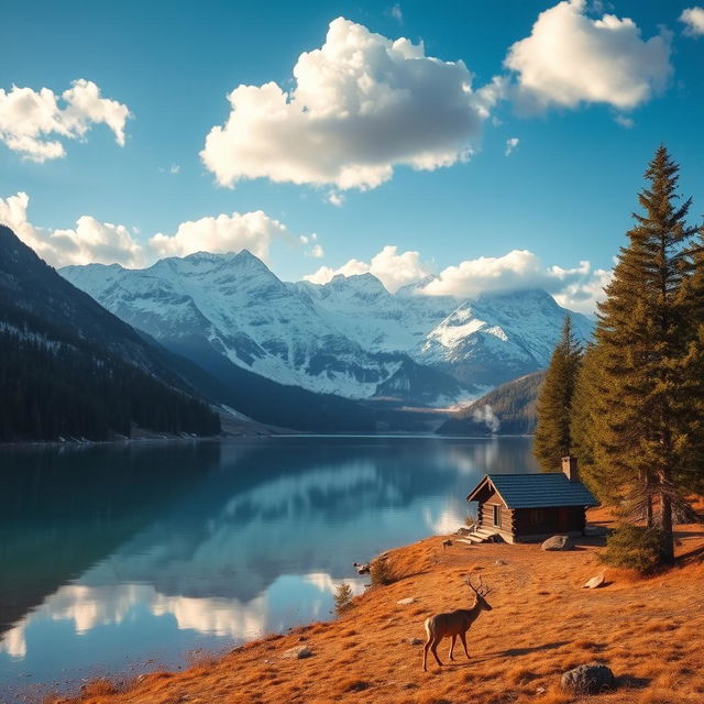 A serene landscape featuring a snowy mountain range under a bright blue sky, with fluffy white clouds scattered throughout