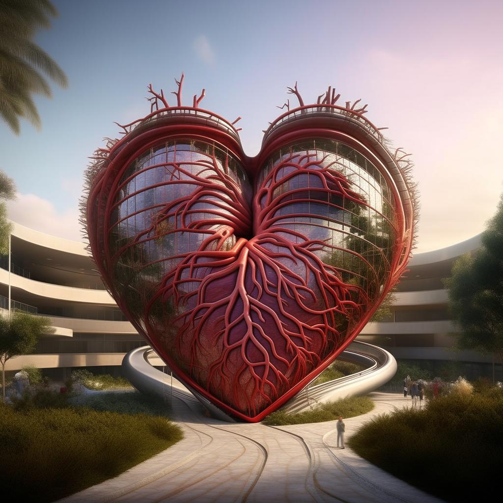 A distinctive hospital building designed in the shape of a realistic human heart, intricate veins and arteries serving as pathways, situated in a serene environment.