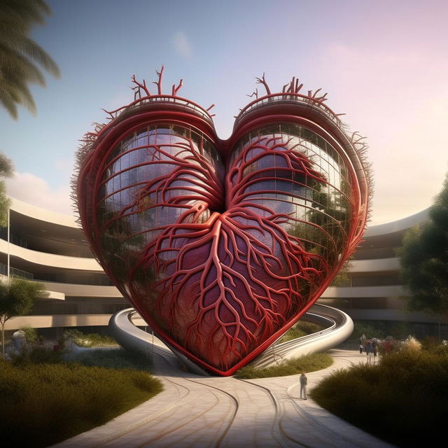 A distinctive hospital building designed in the shape of a realistic human heart, intricate veins and arteries serving as pathways, situated in a serene environment.