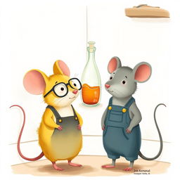 A whimsical illustration featuring a yellow mouse wearing glasses and a gray mouse dressed in overalls, both standing in front of a corner where there is a glass bottle filled with oil