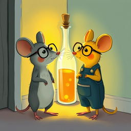 A whimsical illustration featuring a yellow mouse wearing glasses and a gray mouse dressed in overalls, both standing in front of a corner where there is a glass bottle filled with oil