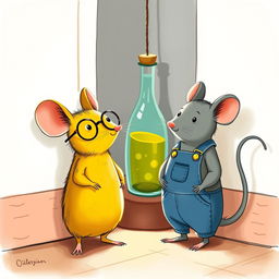 A whimsical illustration featuring a yellow mouse wearing glasses and a gray mouse dressed in overalls, both standing in front of a corner where there is a glass bottle filled with oil
